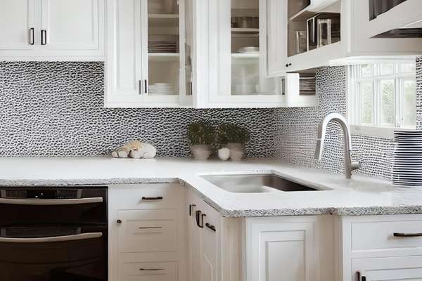 White Brick Backsplash With Granite Countertops